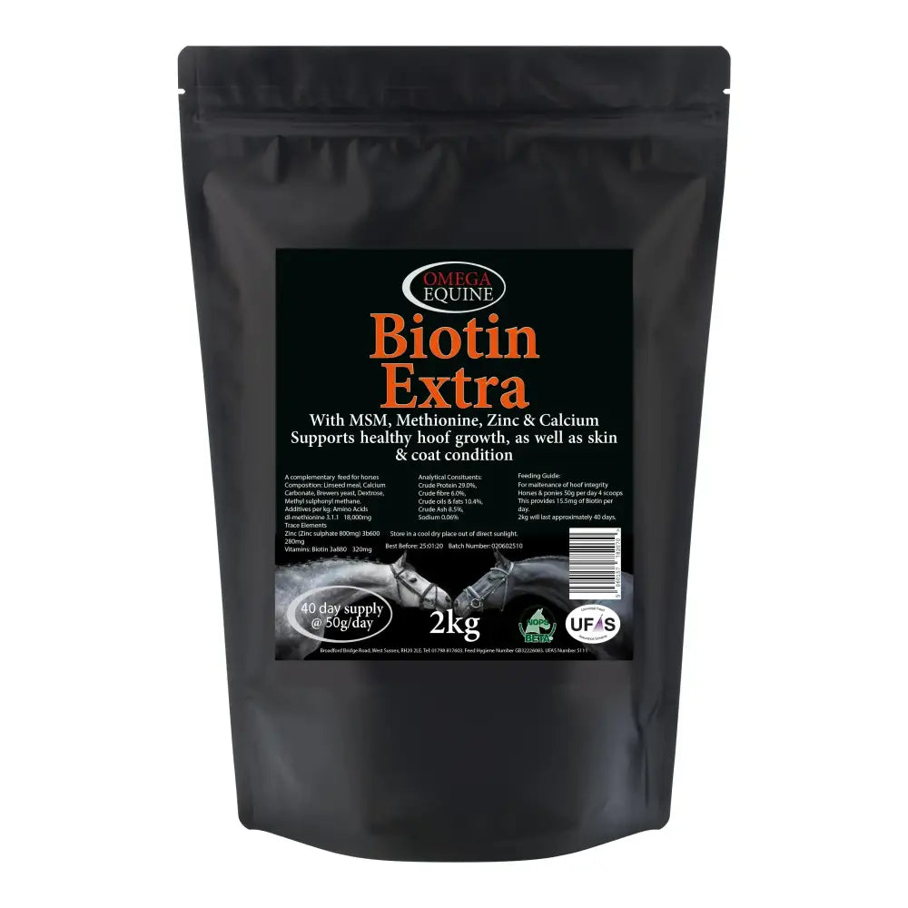 Black resealable pouch of omega equine biotin extra supplement for horses helps with trouble holding shoes