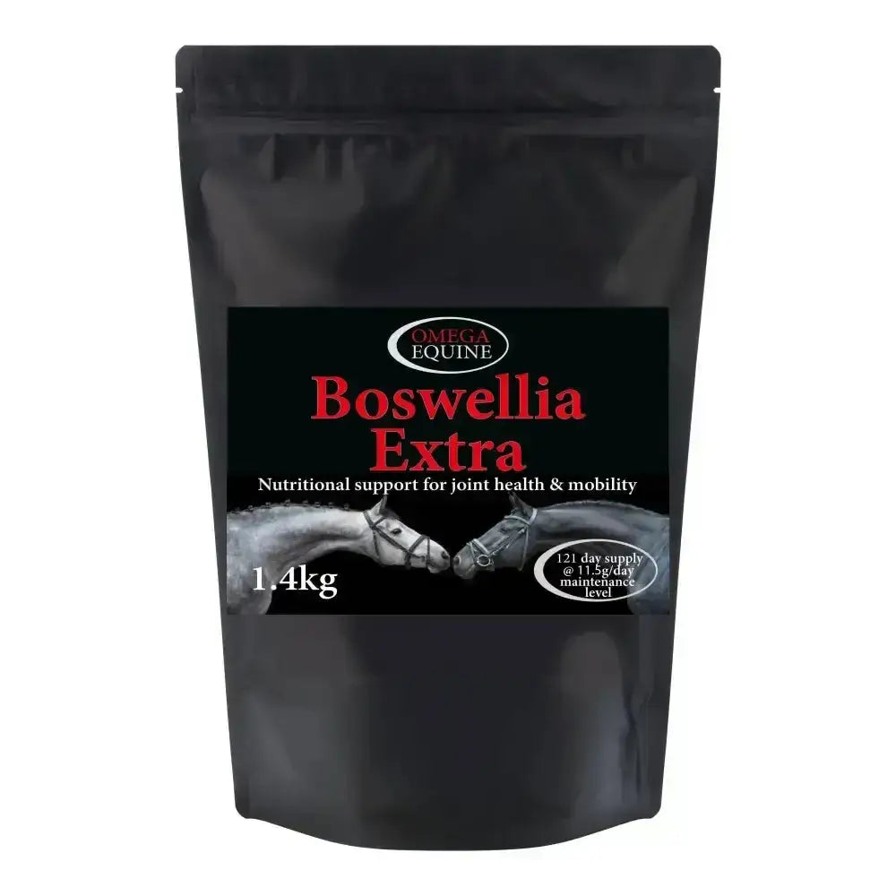 Black resealable pouch of omega equine boswellia extra 1.4kg supplement for joint health and fluid joint movement in horses