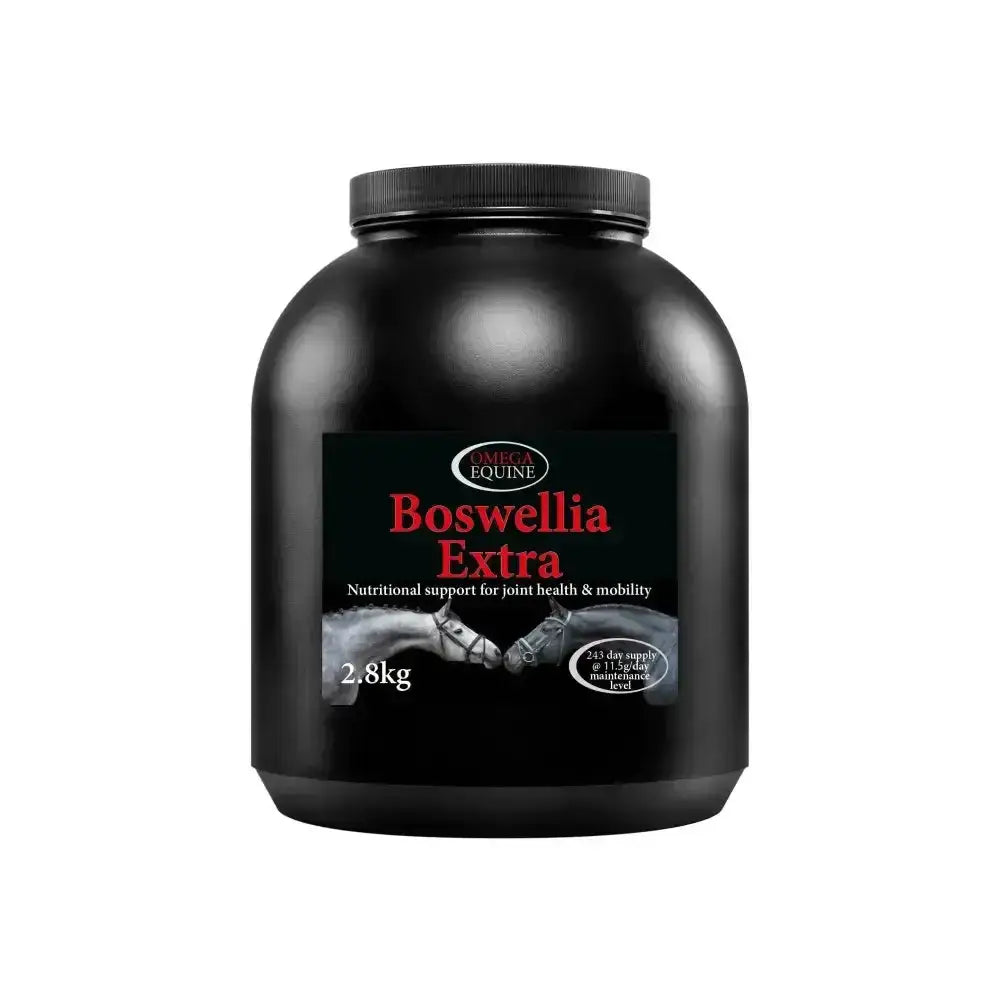 Black plastic container of omega equine boswellia extra 2.8kg supplement for fluid joint movement and horse mobility