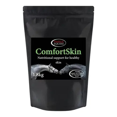 Black resealable pouch of omega equine comfortskin 1.8kg nutritional supplement for healthy horse skin care