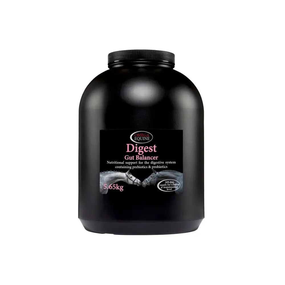 Black plastic container of omega equine digest gut balancer 5.65kg supplement with prebiotics and probiotics for horses