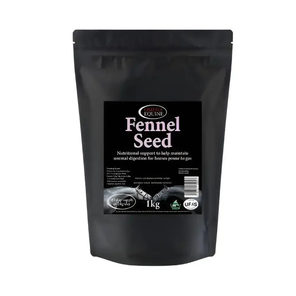 Black resealable pouch of omega equine fennel seeds for equines fragrant fennel naturally easing flatulence support