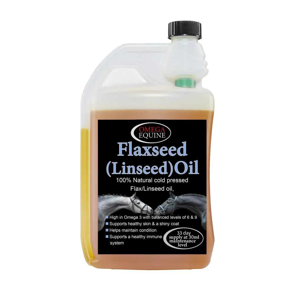 A clear plastic bottle with black cap contains amber omega equine flax linseed oil for horse health use