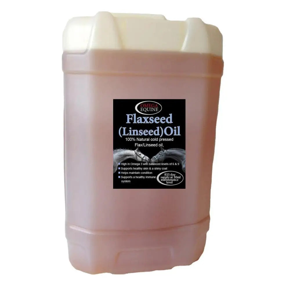 A translucent pinkish-brown plastic jug of omega equine flax equine flax oil linseed oil with a white lid