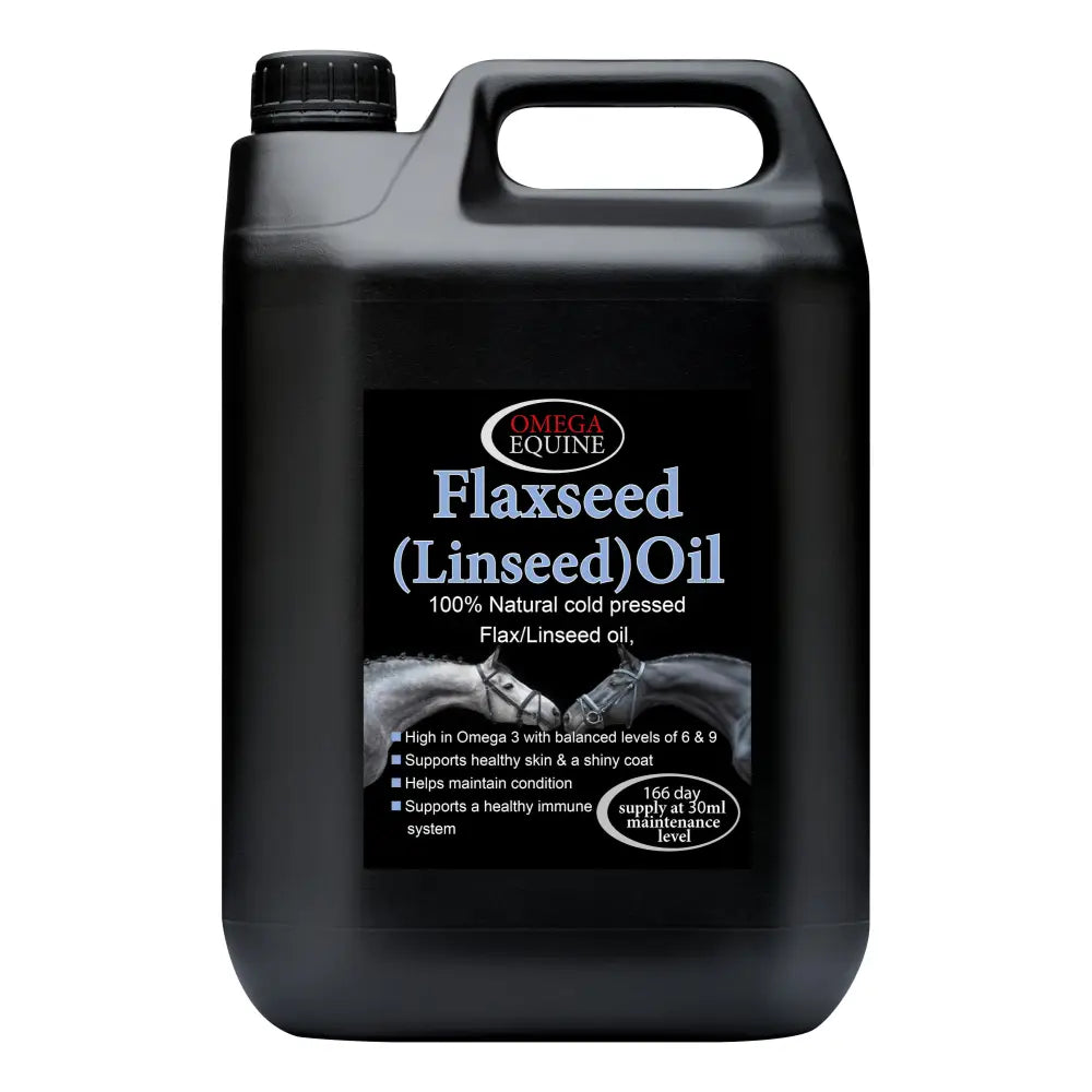 Black plastic jug of omega equine flax cold pressed 100 percent natural linseed oil for equine health