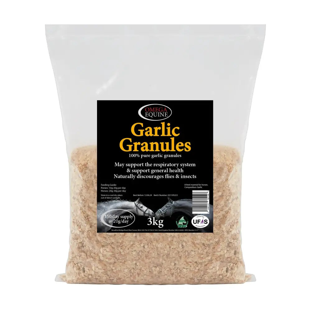 A 3kg transparent bag of omega equine garlic granules with light beige contents for equine health benefits