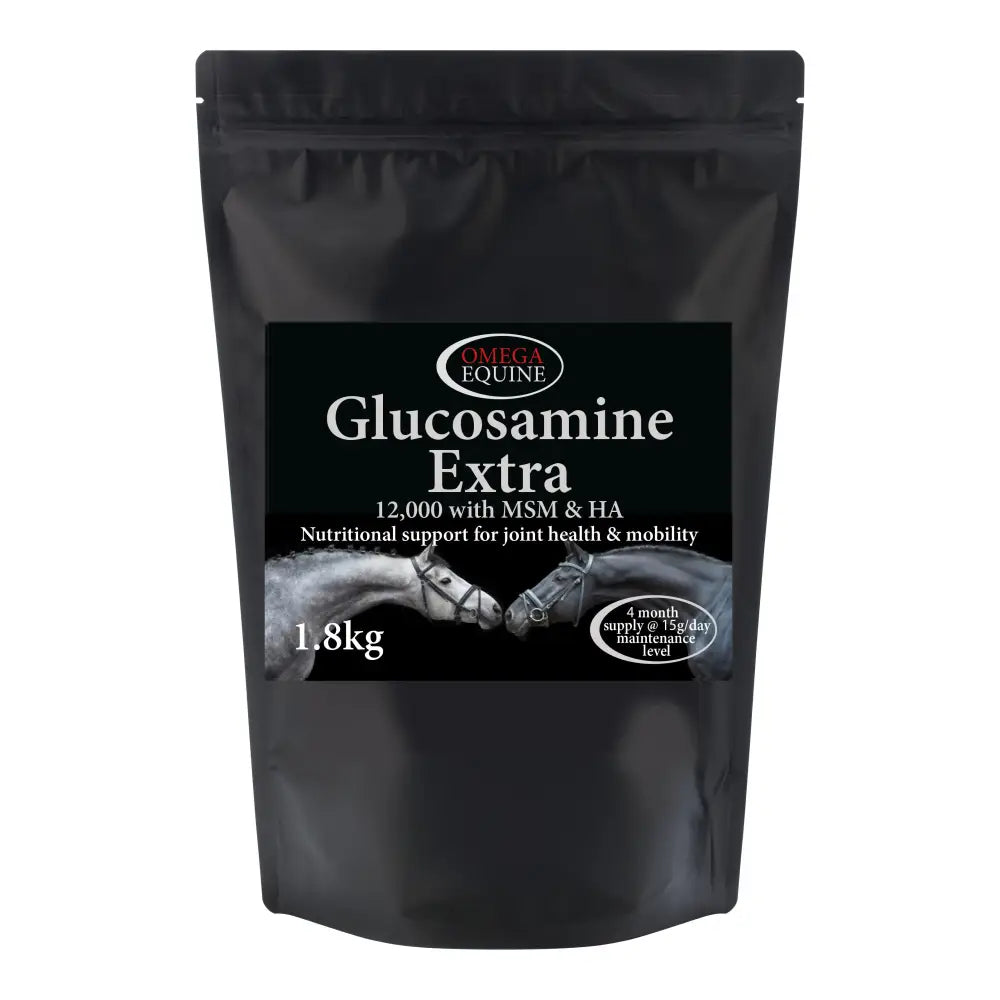 Black resealable pouch of omega equine glucosamine extra 1.8kg with white text and two horses on label