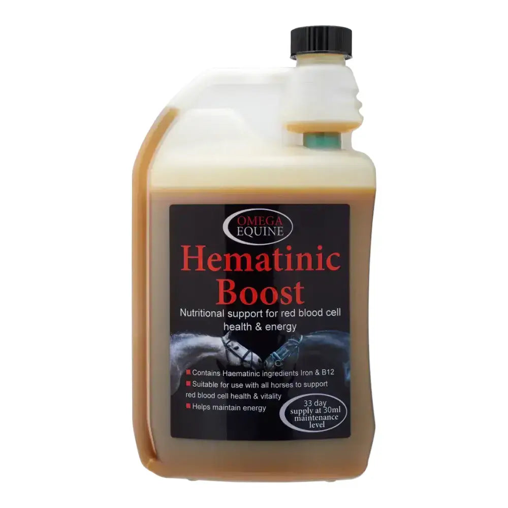 Omega equine hematinic translucent amber liquid in white plastic bottle with black cap supports haemoglobin boost