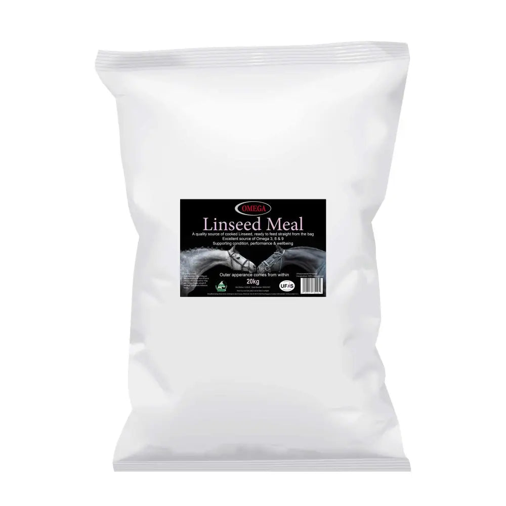 White plastic bag of omega equine linseed meal 20kg showing front of equine linseed meal 20kg packaging