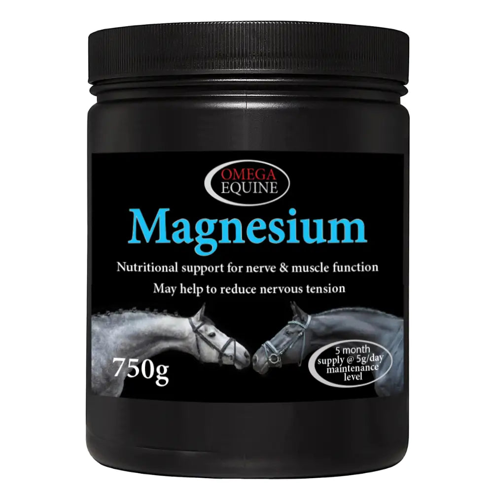 Black plastic container of omega equine magnesium muscle function support supplement with blue label and two horses images