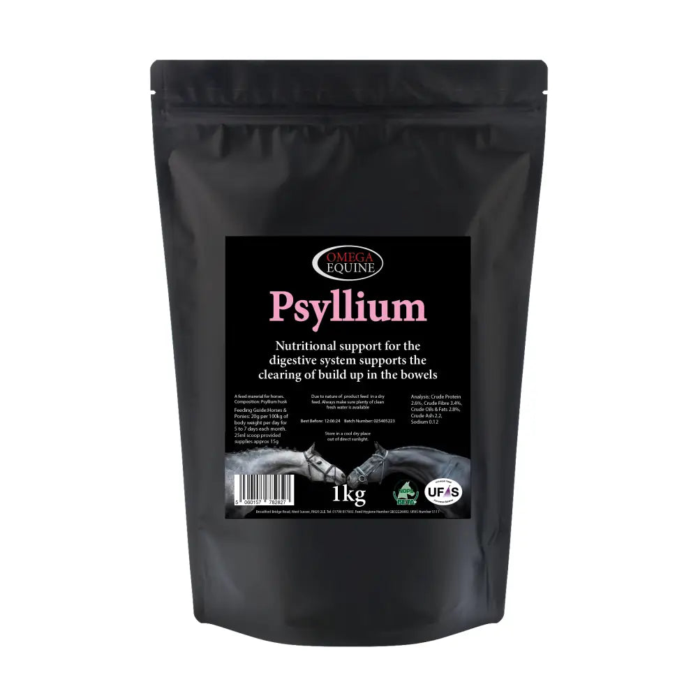 Black resealable pouch of omega equine psyllium 1kg dietary supplement made from plantago ovata plant for horses