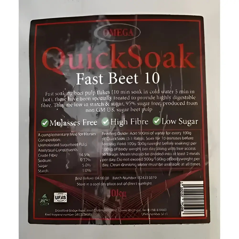 Omega quick soak fast beet 10 sugar beet pulp unmolassed in dark red and black packet for quick soaking pets
