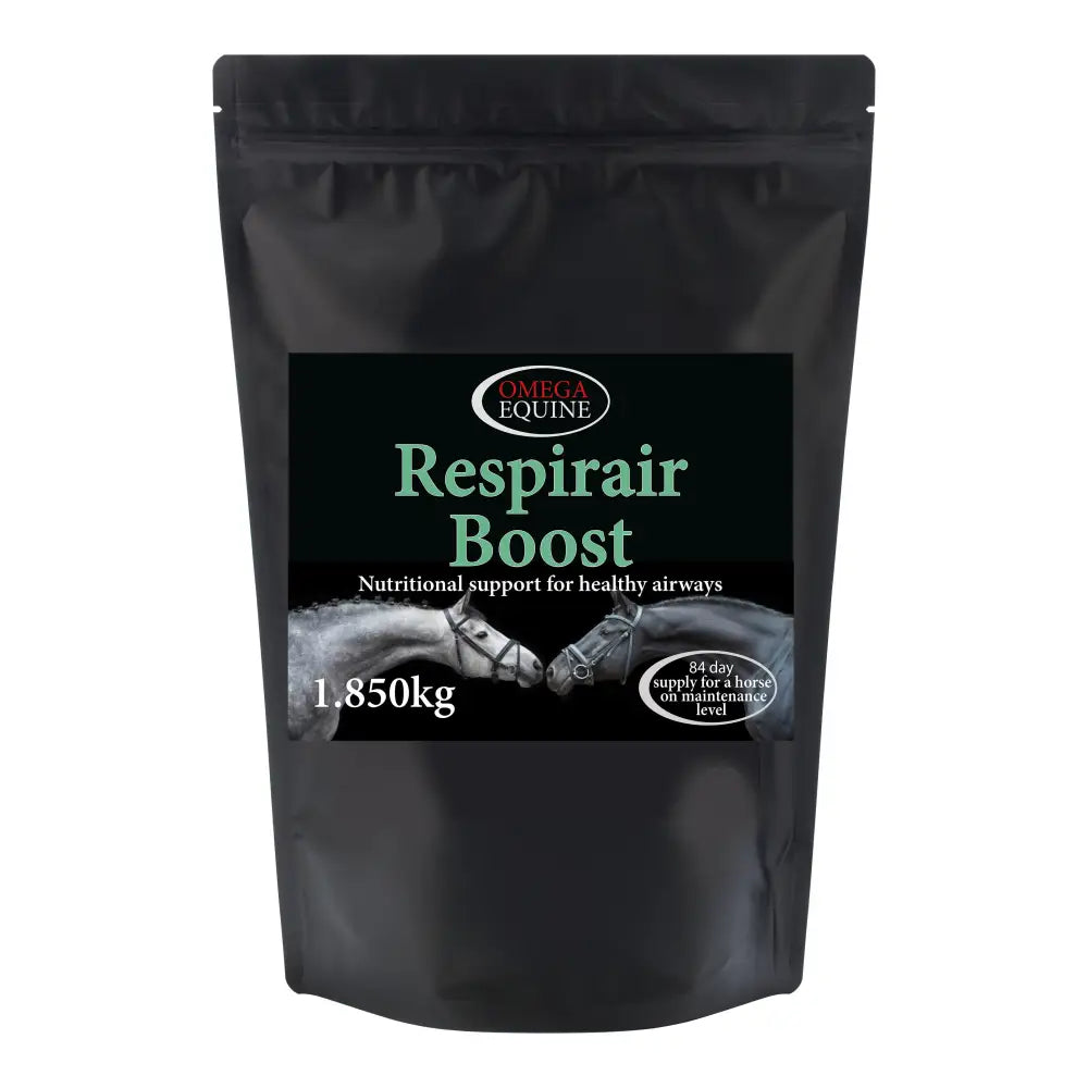 Black resealable pouch of omega equine respirair boost 1.850kg uniquely designed equine supplement for airway support