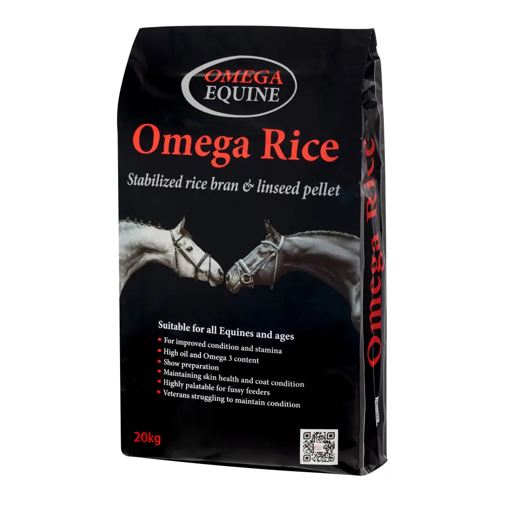 Black bag of omega equine rice stabilised rice bran and linseed pellet feed for horses front side shown