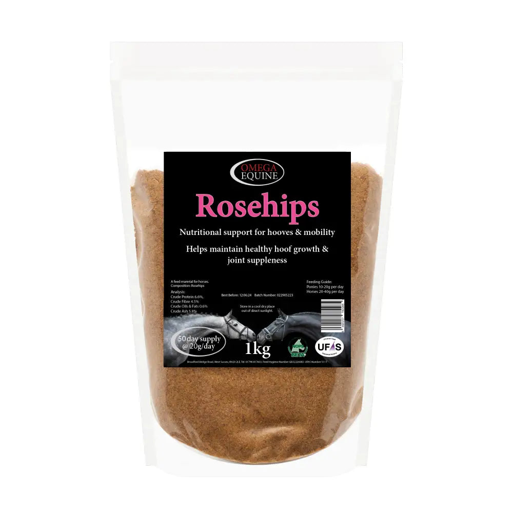 A 1kg bag of omega equine rosehips brown powdered sweet-smelling supplement for horses hoof health