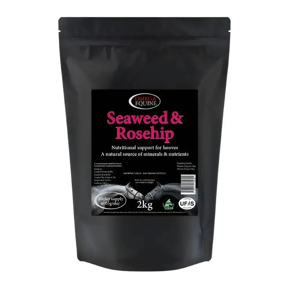 Black resealable pouch of omega equine seaweed supplement with rosehips for rich natural nutrition for horses