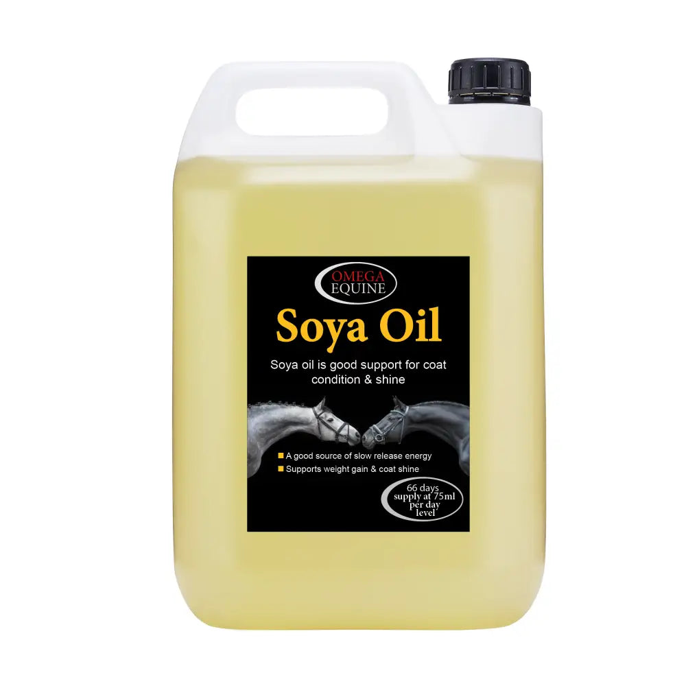 A white plastic jug with black cap filled with pale yellow omega equine soya oil that promotes excellent skin health