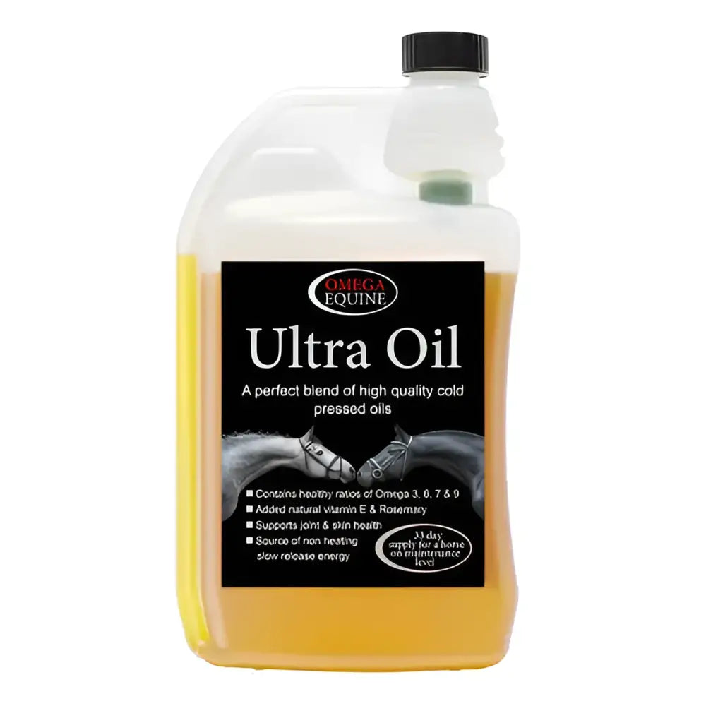 A transparent plastic bottle of omega equine ultra oil with black cap and yellow sea buckthorn oil inside