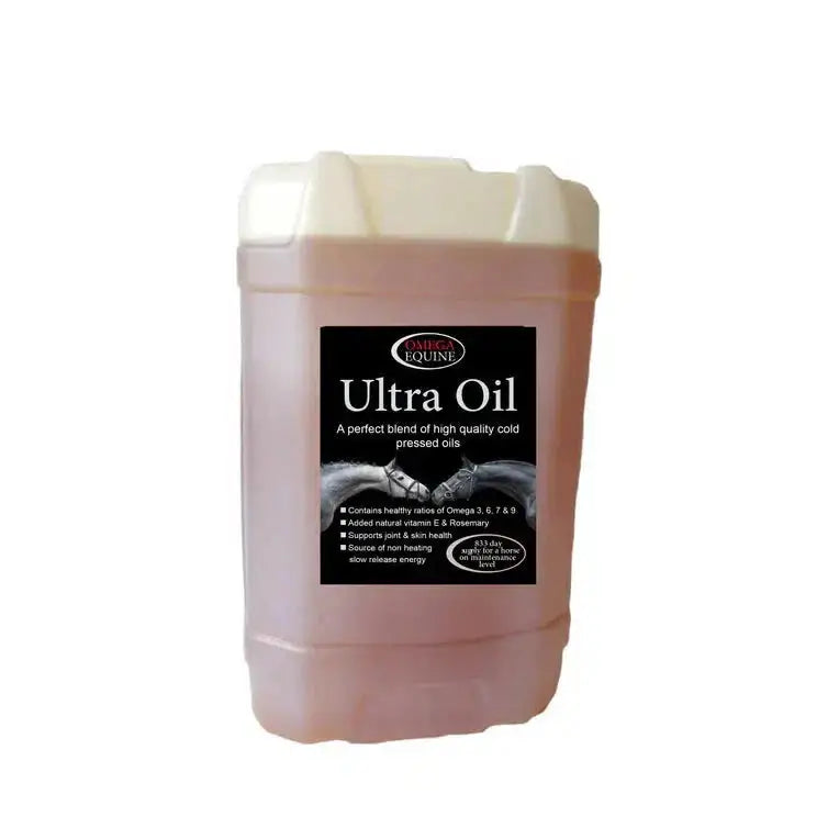 Opaque peach-colored omega equine ultra oil in a translucent plastic jug with white lid and black equine ultra oil label