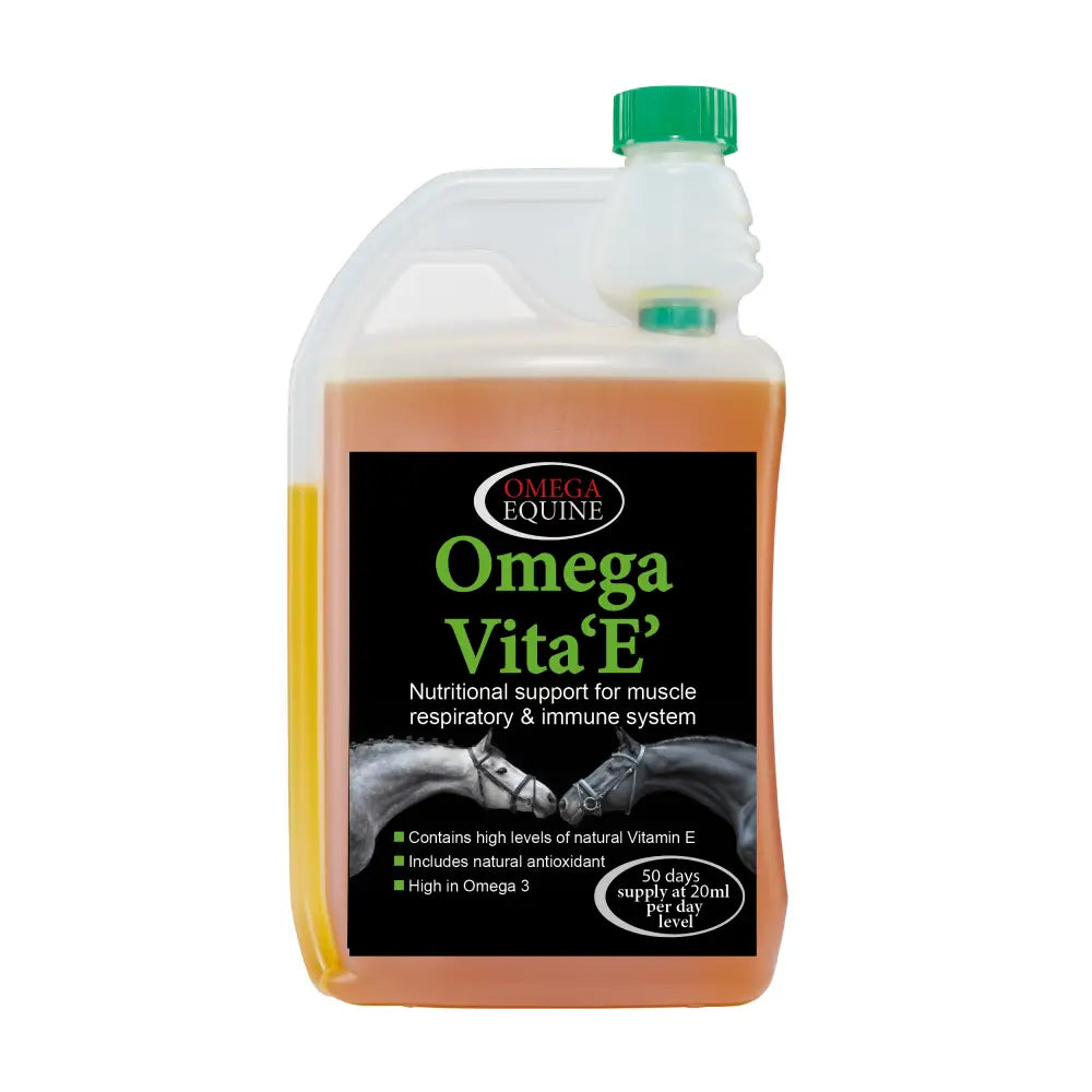 Omega equine vita e cold-pressed linseed oil supplement in a green capped bottle with orange liquid showing vita e benefits