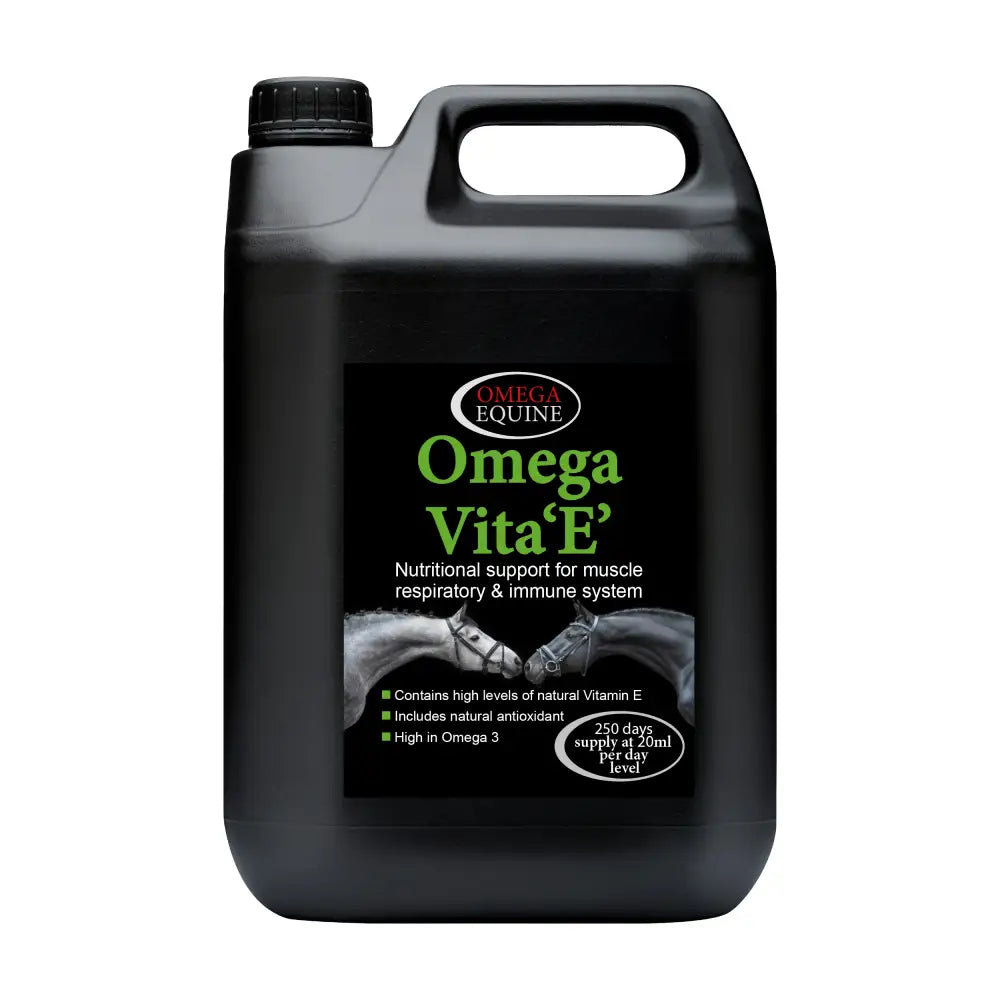 Black plastic jug of omega equine vita horse supplement with cold pressed linseed oil and vita es incredible benefits