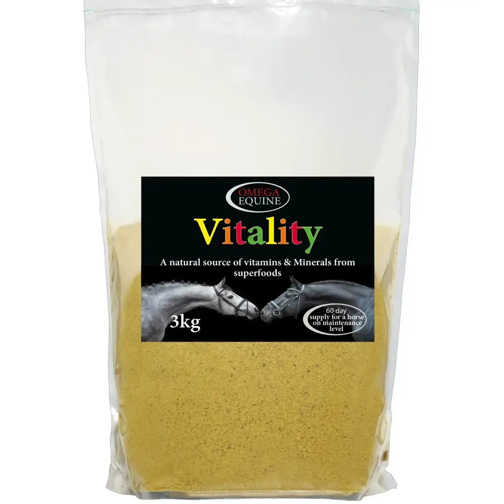 A 3kg bag of omega equine vitality horse supplement with a black label featuring sea buckthorn for optimum equine health