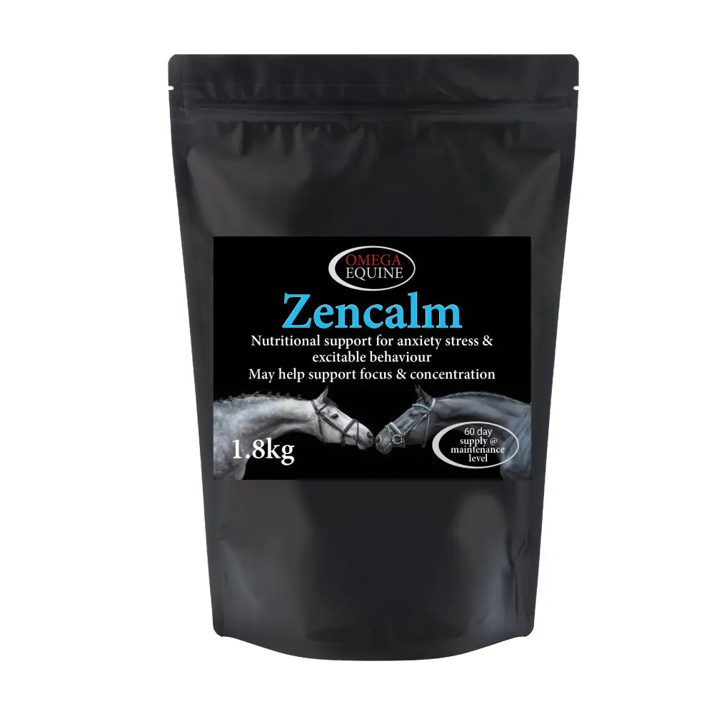 Black resealable pouch of omega equine zencalm 1.8kg nutritional supplement supporting equine anxiety and focus