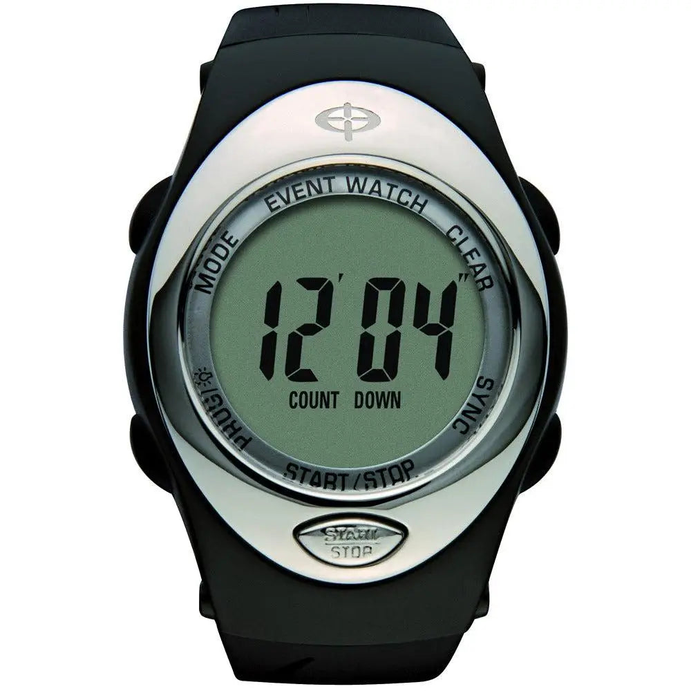 Optimum stop watch compact series 2 black and silver plastic cased watch with fully integrated black rubber strap