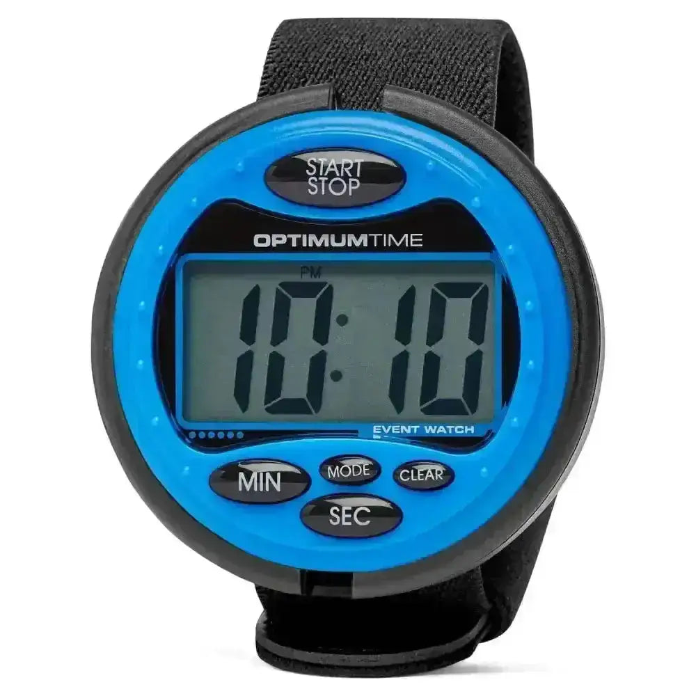 Bright blue optimumtime 3-day event watch with black strap and buttons perfect for carriage driving trials and pony club events