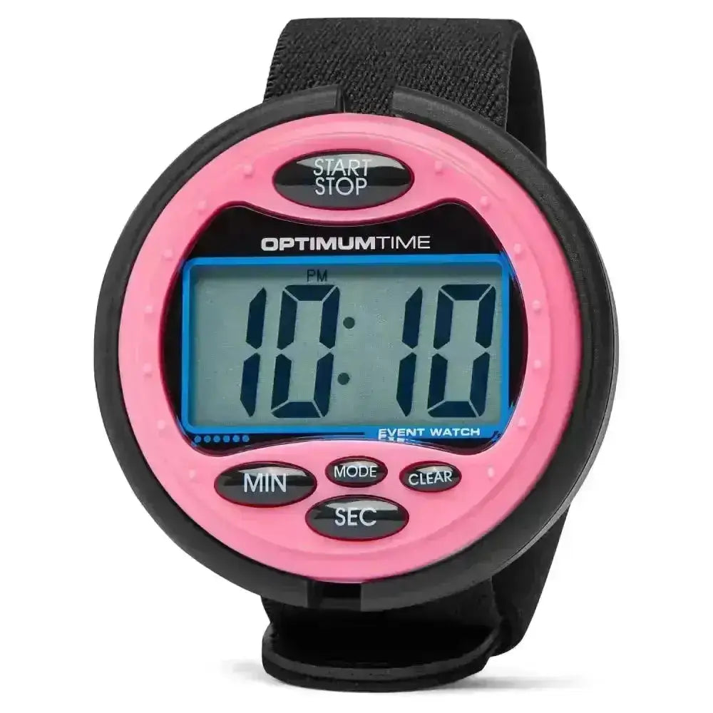Pink and black optimum time 3-day event watch with blue screen showing 10:10 for carriage driving trials and pony club events