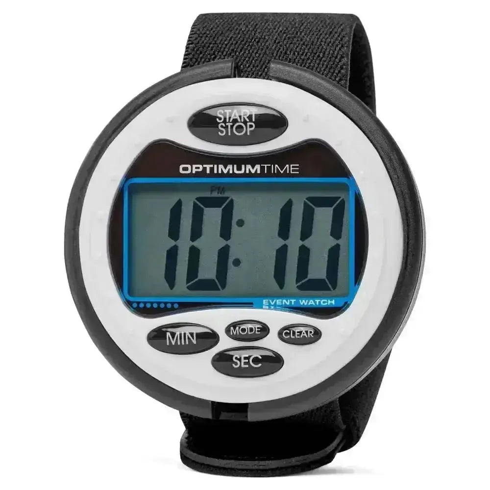 White and black digital optimum time 3-day event watch with blue-lit display showing 10 10 for carriage driving trials and pony club events