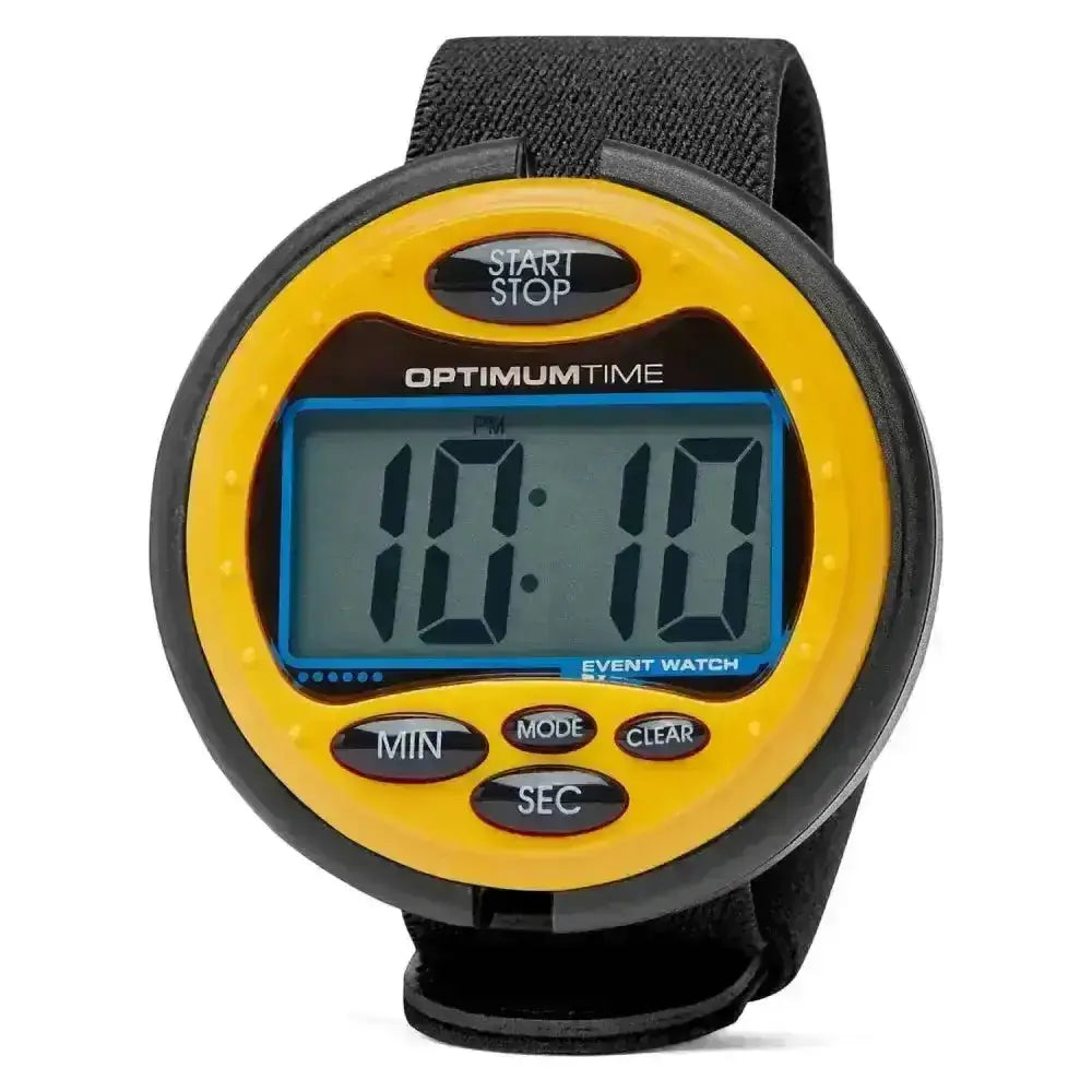 Yellow and black optimum time 3-day digital event watch with blue screen perfect for carriage driving trials and pony club events