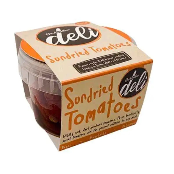 Orchardlea deli sundried tomatoes in a clear plastic container with orange and beige cardboard label
