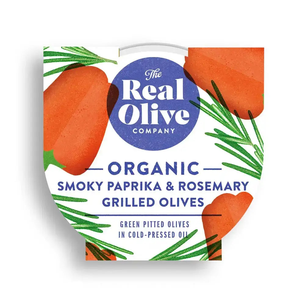 The real olive company organic smoky paprika and rosemary grilled olives in white heart container with orange olive illustrations