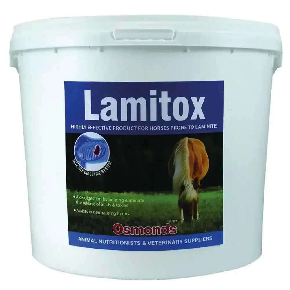 White plastic bucket of osmonds lamitox horse supplement that helps maintain healthy laminae for horses