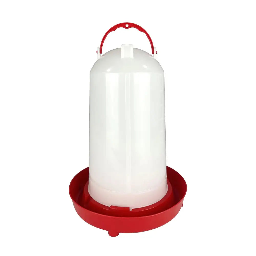 White plastic poultry feeder with red handle and base for osprey drinker red poultry watering system