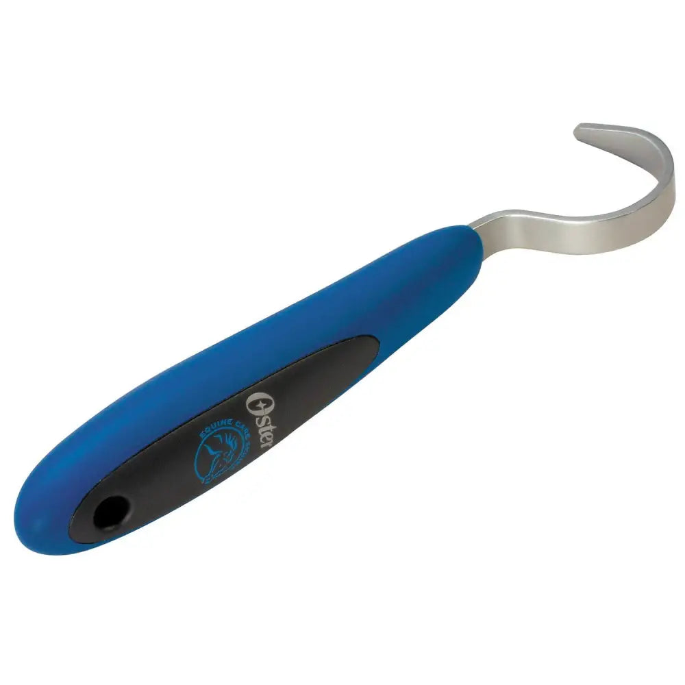 Blue oster hoof pick with durable stainless steel curved head and textured grip for control touch reduces hand fatigue