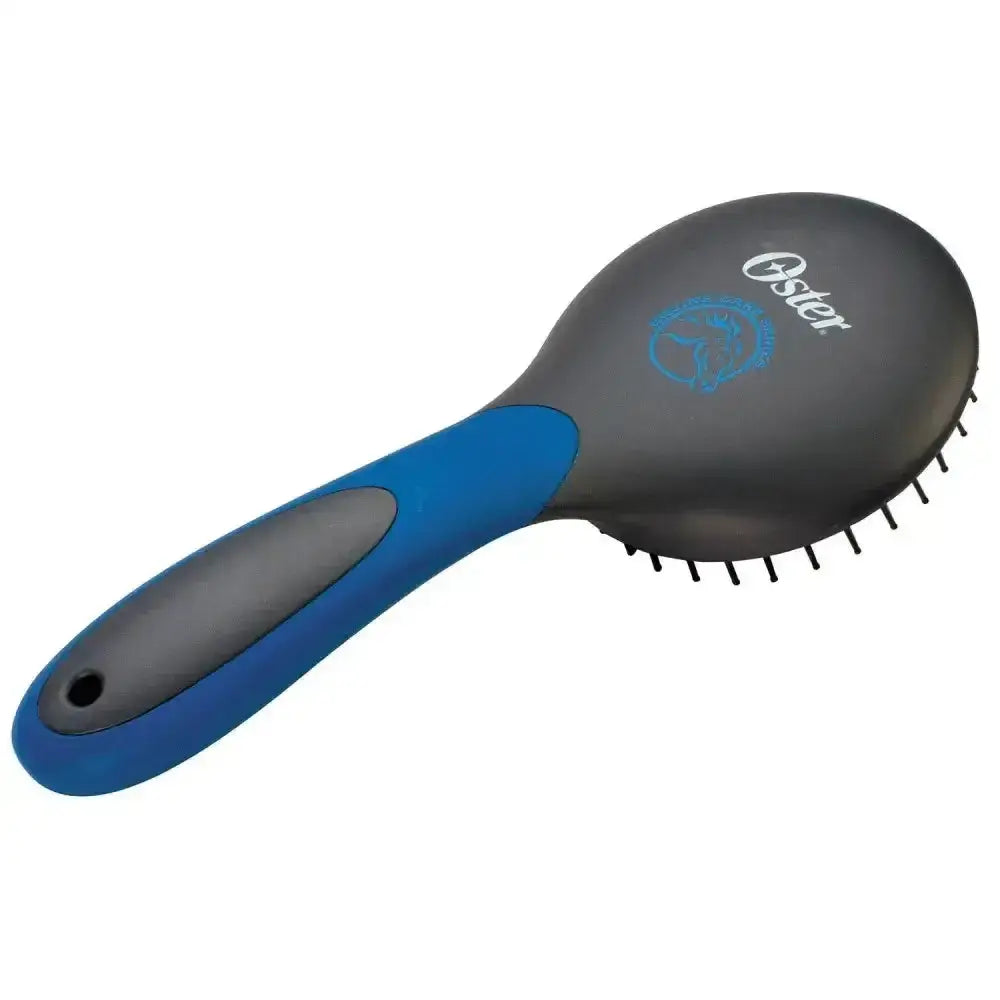 Blue and black oster mane and tail brush with ergonomic handle and dense bristles for multi-directional brushing control touch reduces hand fatigue
