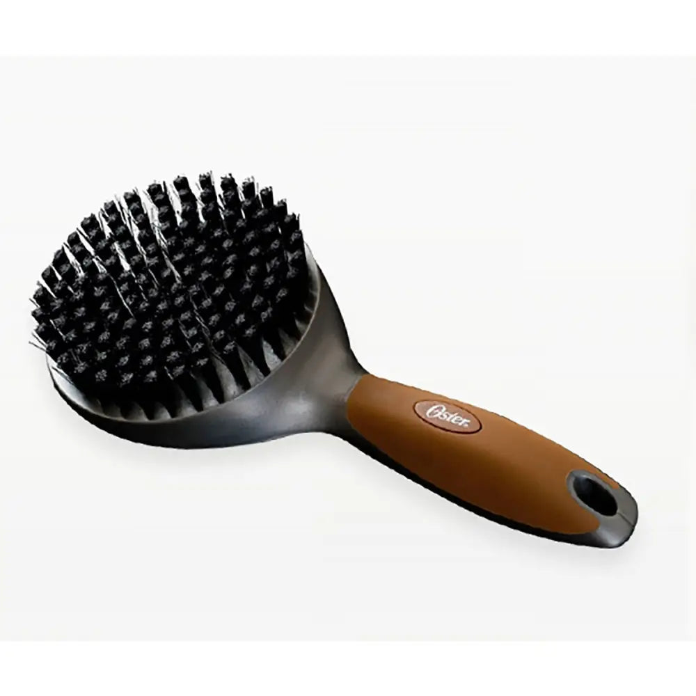 Oster premium bristle horse grooming brush with brown handle and black bristles for loose shedding coat on long haired pet