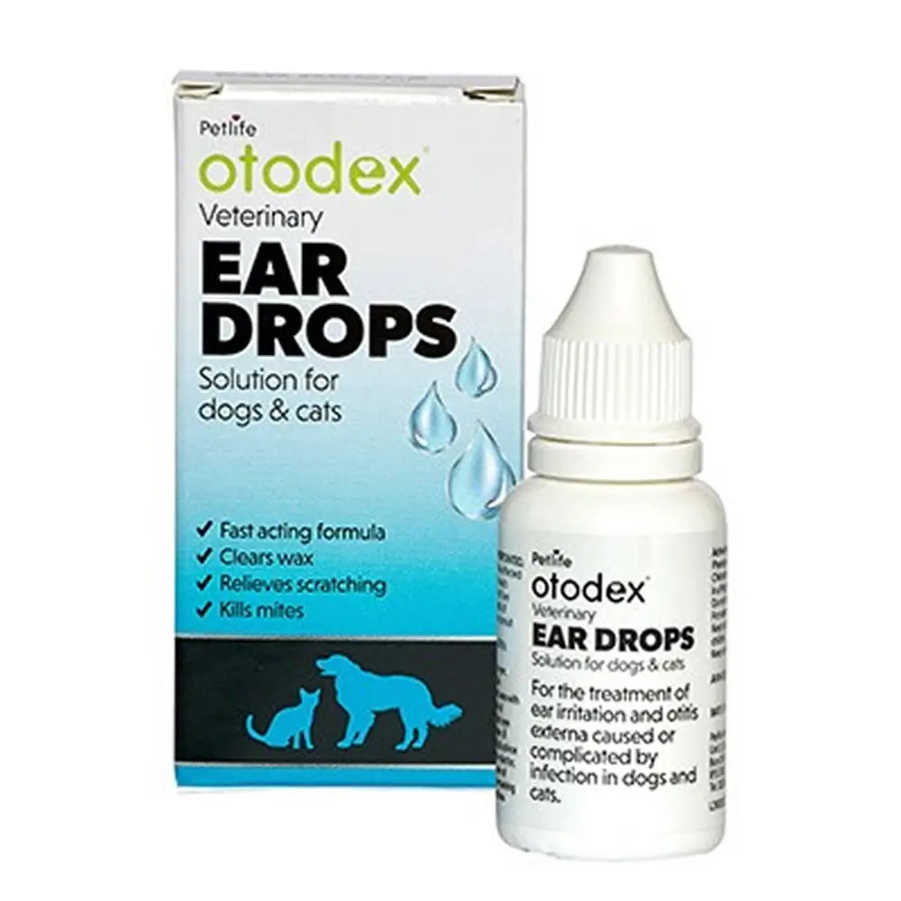 White plastic bottle of petlife otodex ear drops for dogs and cats for veterinary ear care use