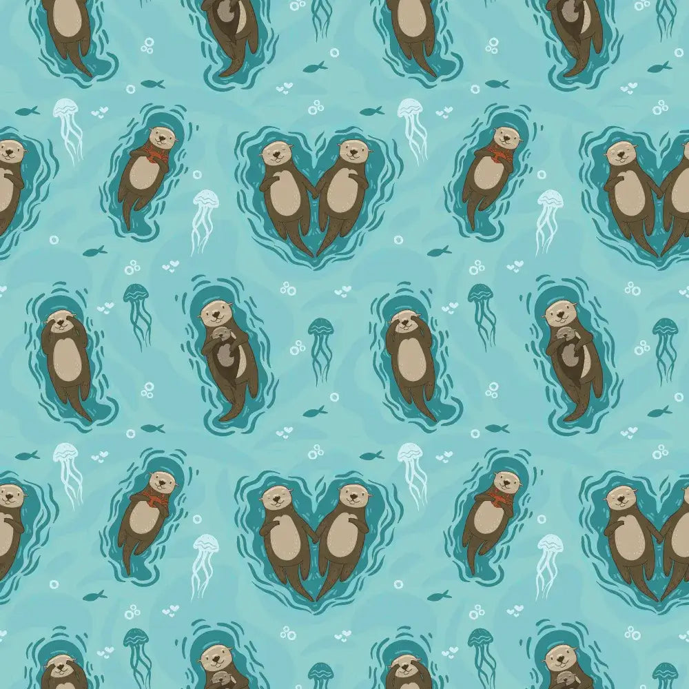Cute brown otters floating in teal water with jellyfish on a perfect travel mat from the otterly lovely collection for dog comfort