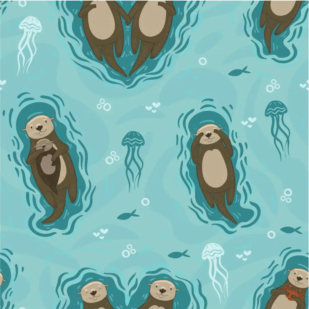 Cute brown otters swimming on teal fabric with jellyfish in the otterly lovely collection perfect travel mat for dog comfort