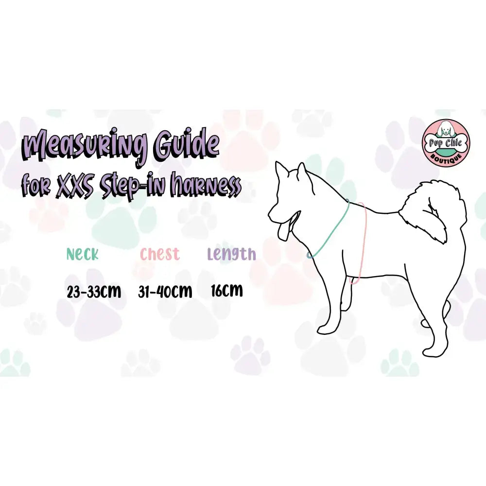 Otterly lovely step-in adjustable dog harness measuring guide with a line drawing of an alaskan malamute pup chic design