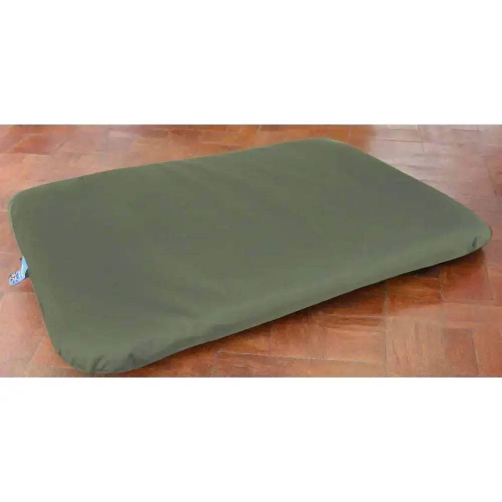 Olive green rectangular dog heavy duty cushion with soft fabric cover and padded edges from p&l country waterproof duvet beds