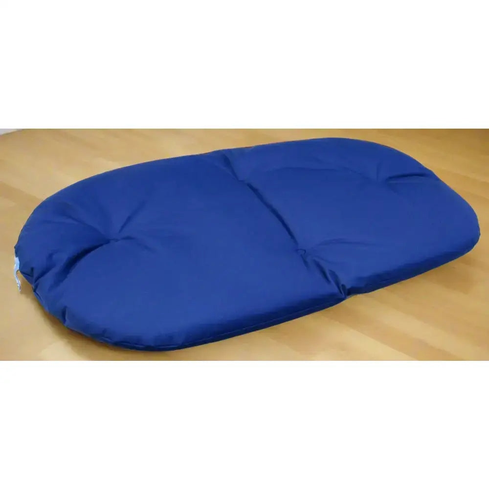 Blue oval heavy duty waterproof cushion with soft padded texture and stitched seams for country dog heavy use