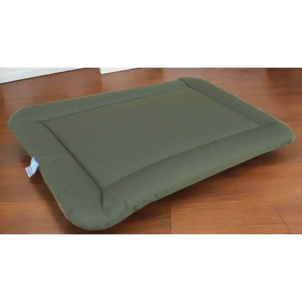 Olive green country dog heavy duty waterproof rectangular cushion with soft padded edges and stitched border