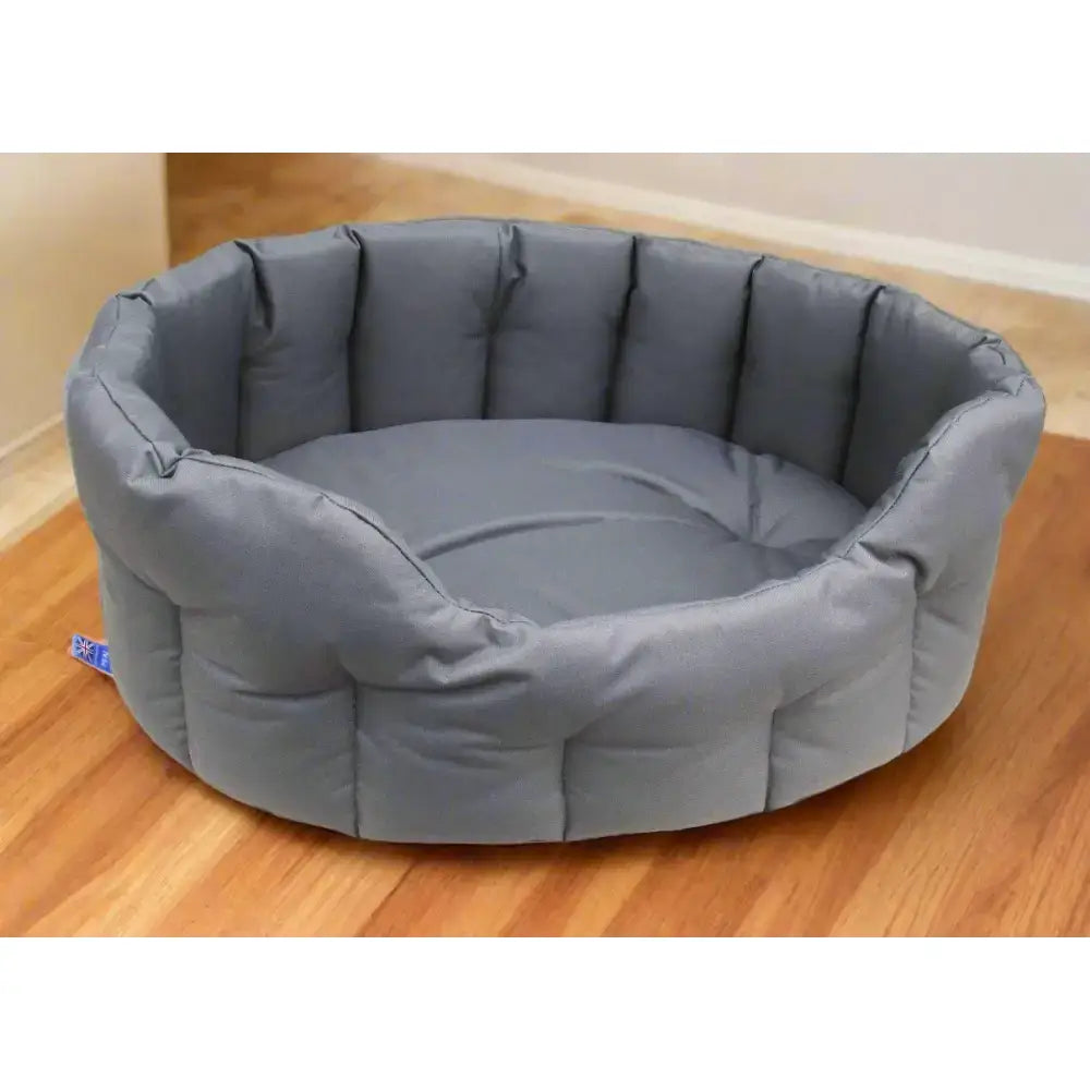 Gray plush heavy duty oval waterproof dog bed with quilted design from P&L country dog tough collection