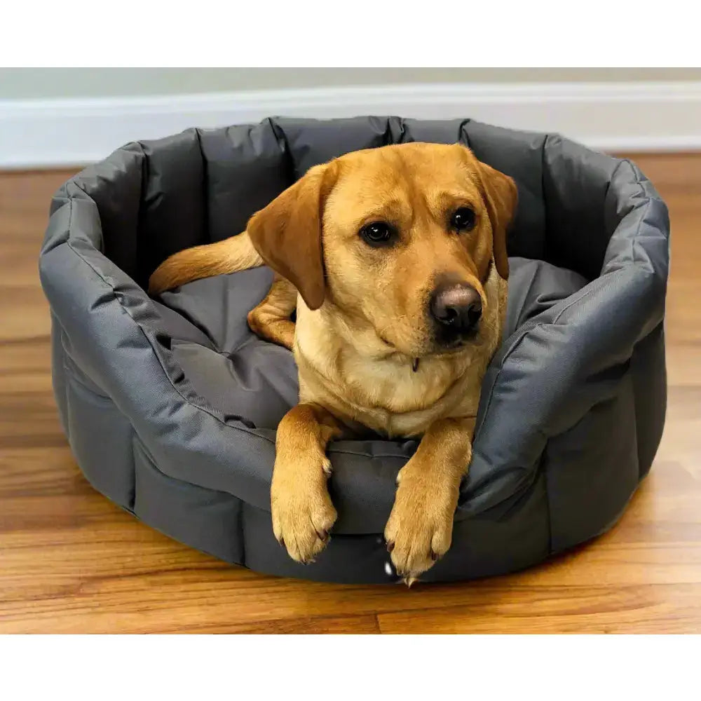 Cozy dark gray quilted country dog tough heavy duty oval waterproof dog bed with plush interior for dogs