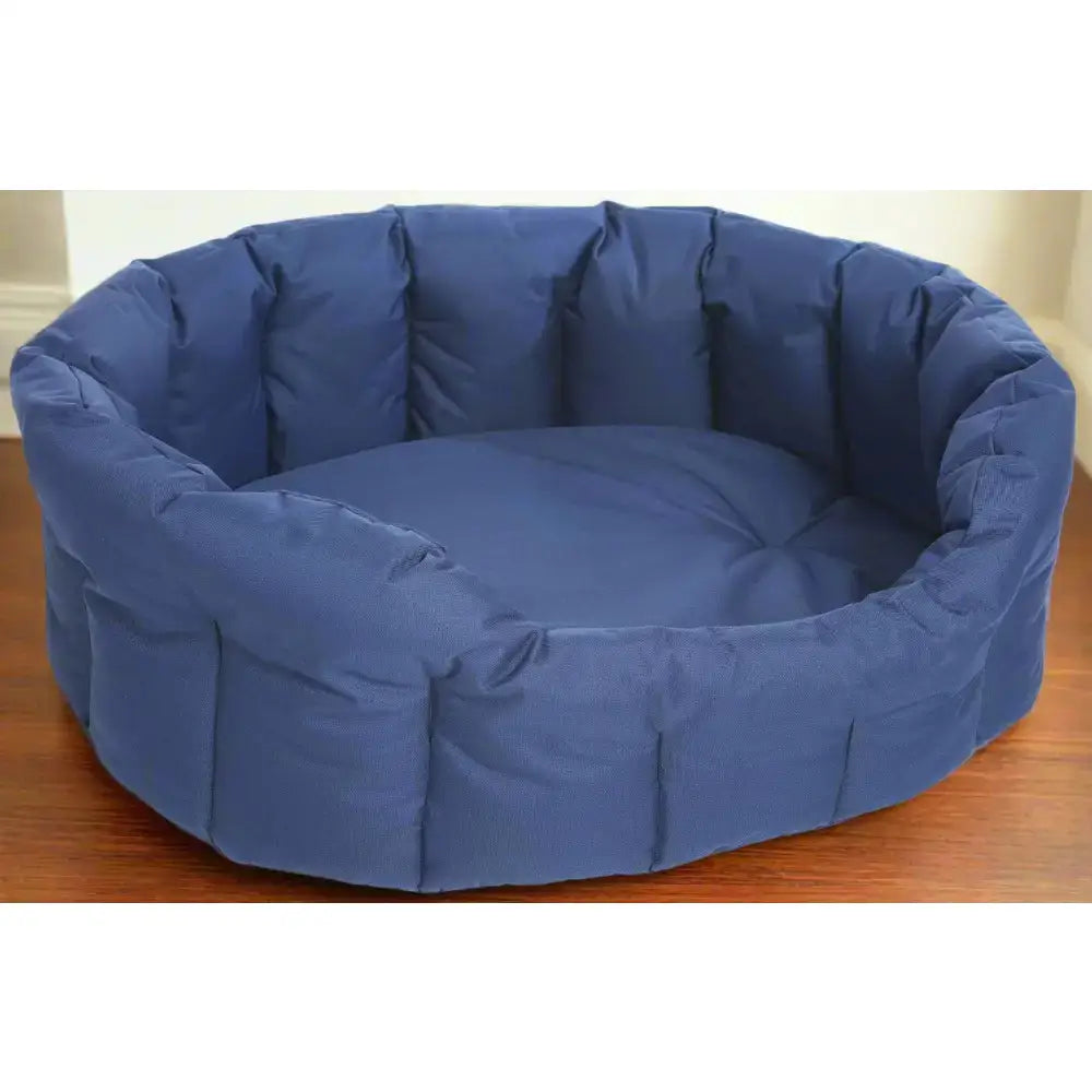 Blue padded country dog tough waterproof dog bed with heavy duty oval design and soft cozy fabric lining