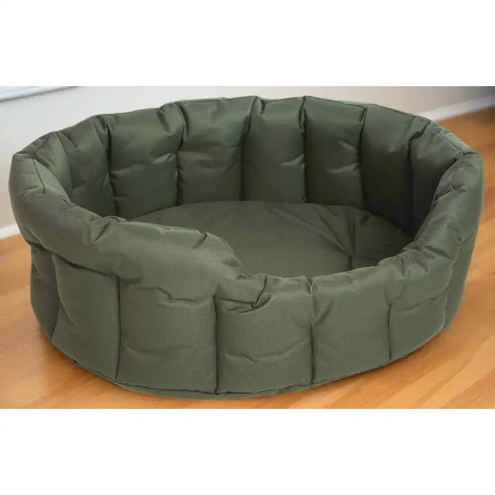 Olive green quilted country dog tough heavy duty oval waterproof dog bed with padded rounded edges and soft cushion